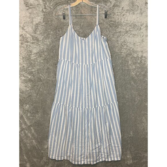 Old Navy Women Coastal Nautical Striped Tiered Printed Maxi Cami Swing Dress L - Picture 1 of 13